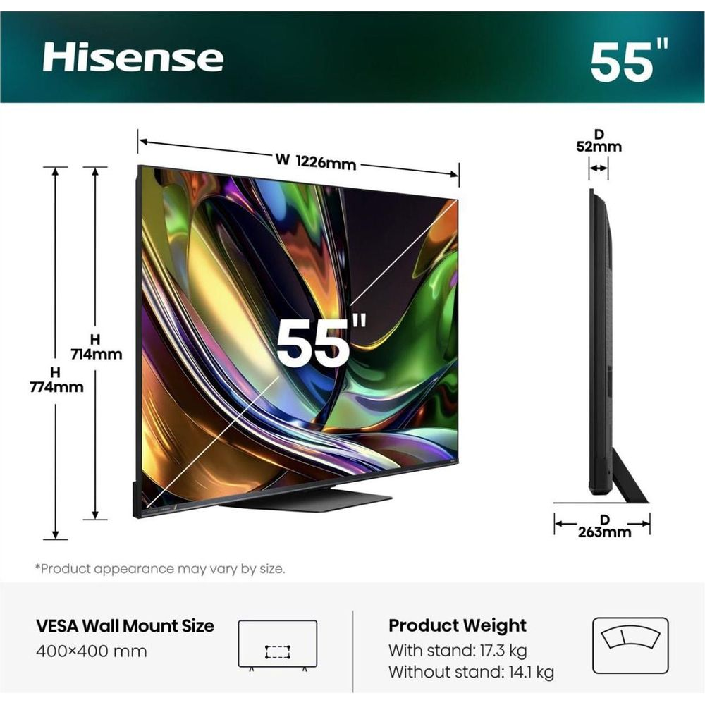 Disegno tecnico con dimensioni, peso e misura VESA di un televisore Hisense da 55 pollici.