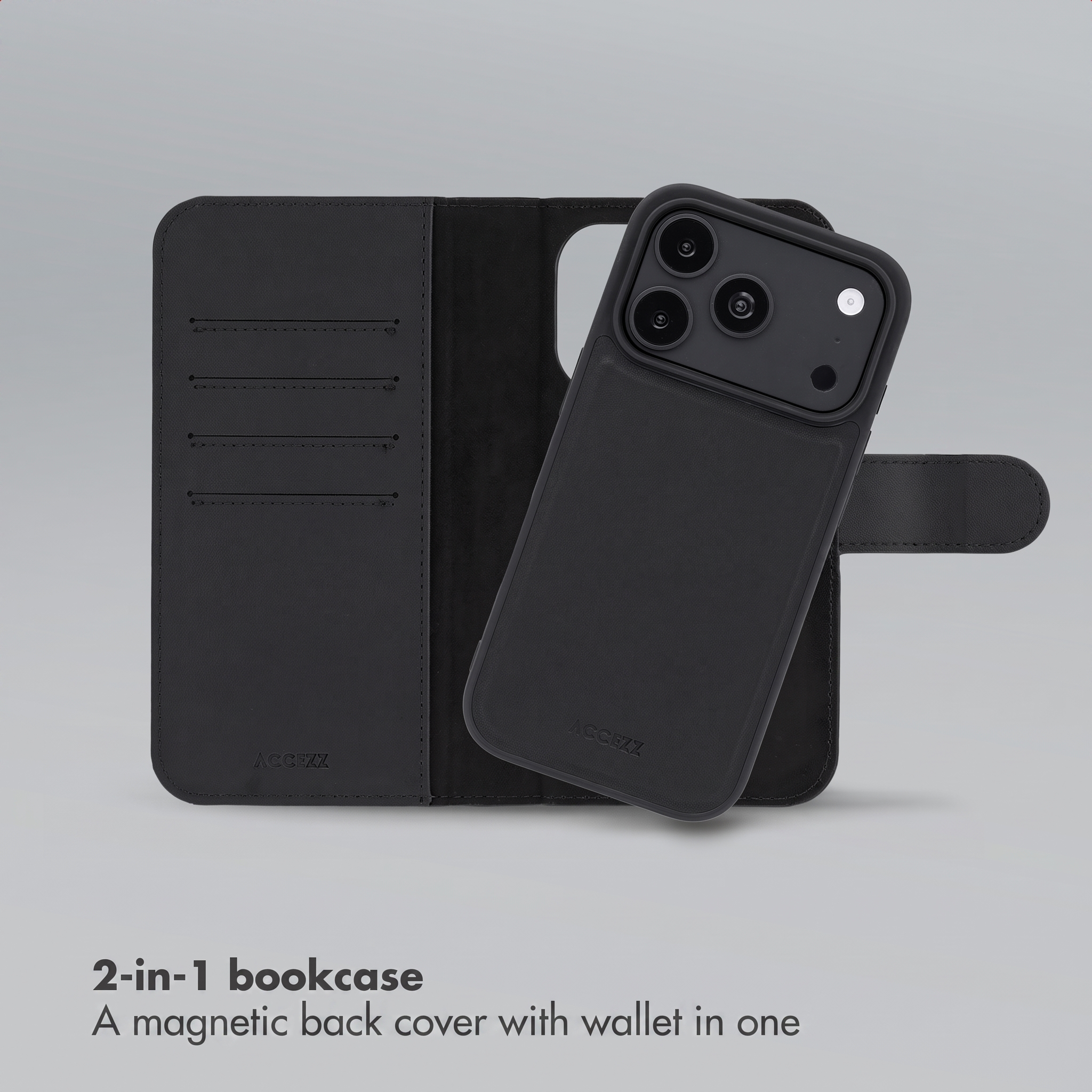Funda tipo libro 2 en 1 negra con carcasa magnética.