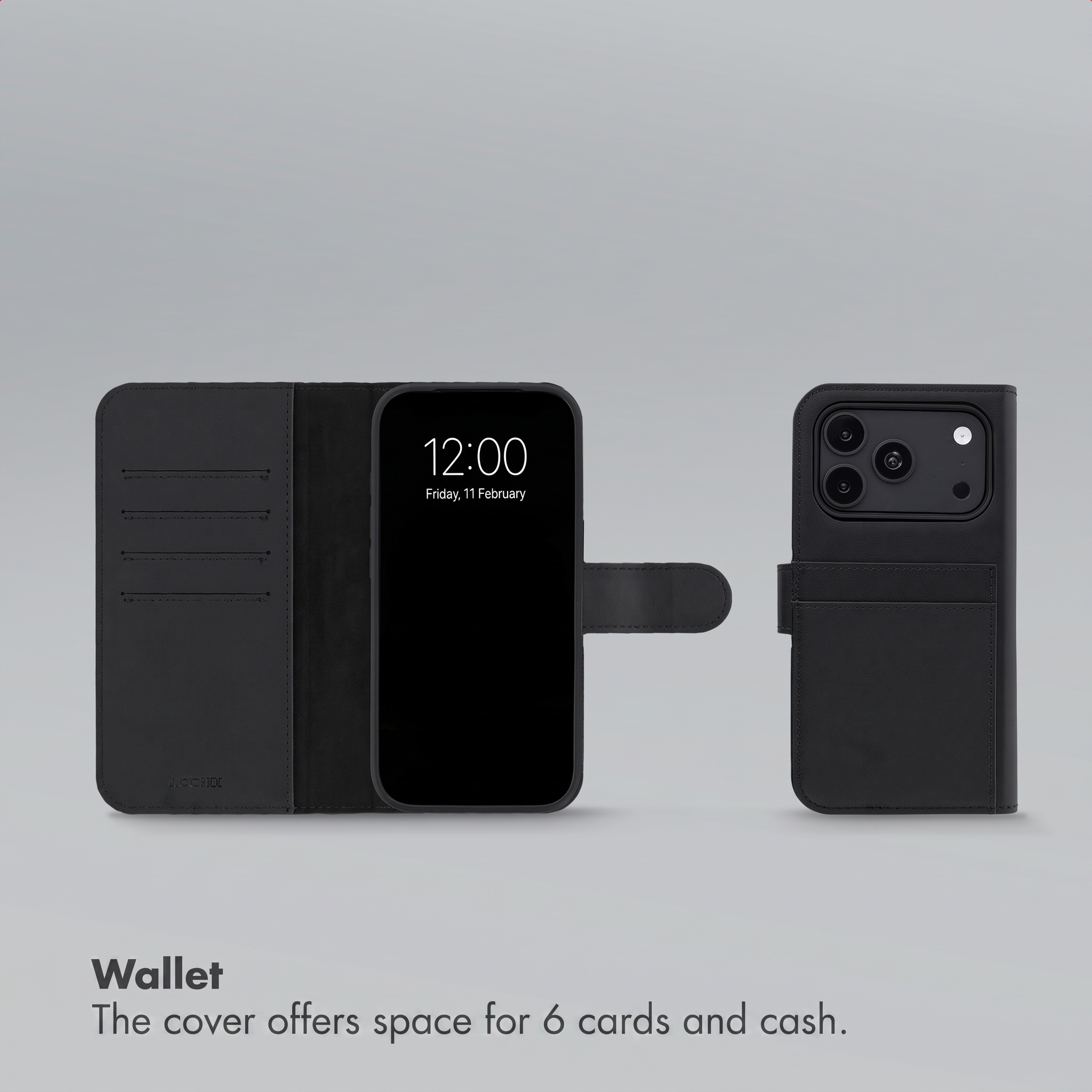 Funda de cuero negro para móvil, abierta y cerrada, sobre fondo gris.