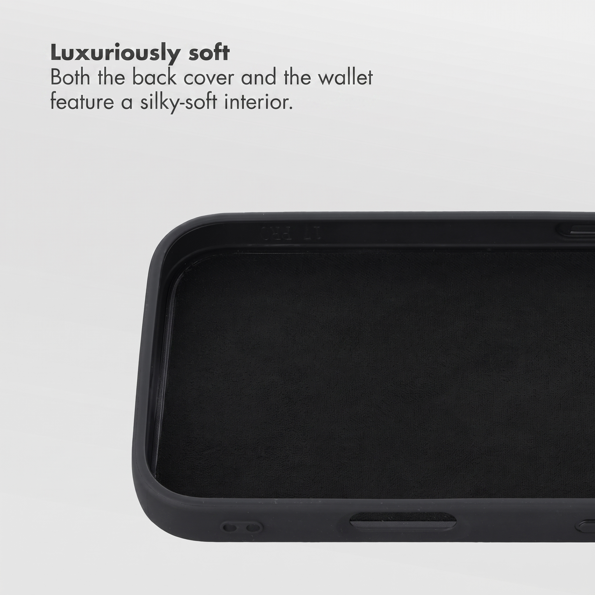 Funda de smartphone negra lujosamente suave con forro interior aterciopelado.