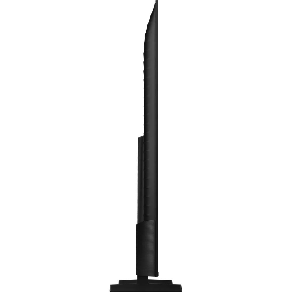 Vue laterale d'un televiseur noir mince avec un large pied sur fond blanc.