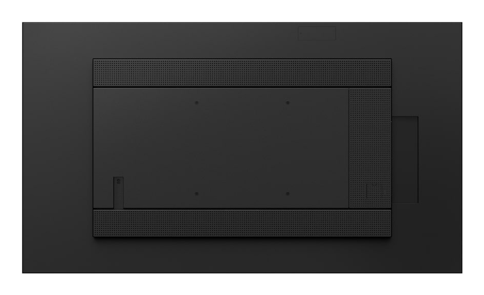 Arrière d'un moniteur noir avec support VESA et haut-parleurs intégrés.