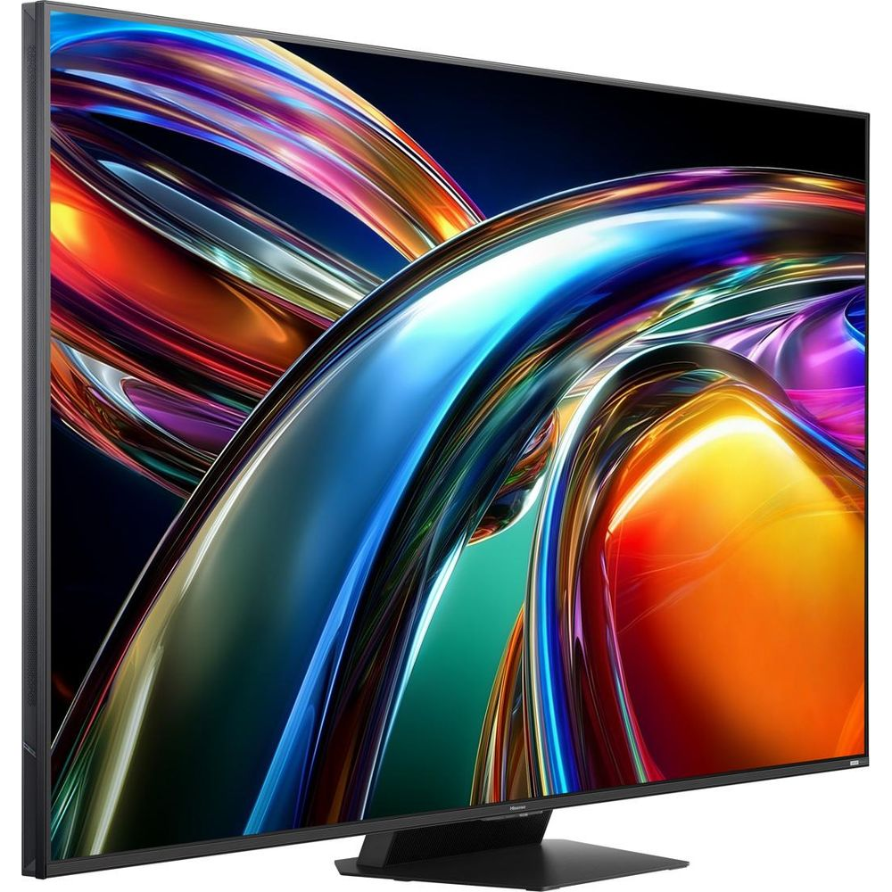 Un téléviseur à écran plat sur un support sombre affiche des volutes abstraites vibrantes et colorées en bleu, orange, rouge et violet.
