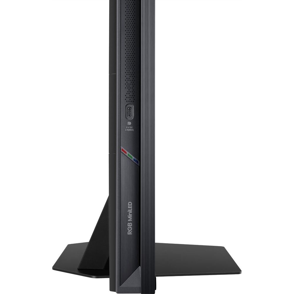 Vue latérale d'un moniteur noir avec port USB et texte RGB MiniLED.