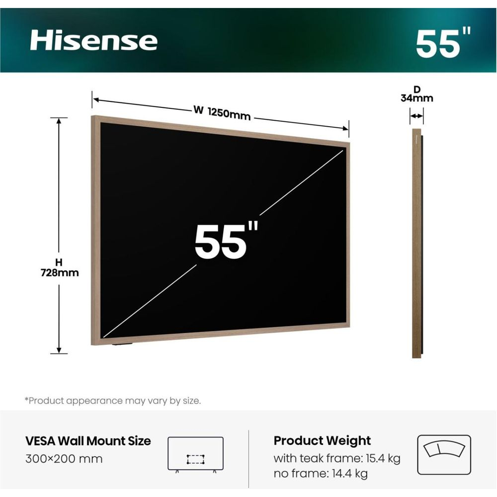 Dimensions du téléviseur Hisense 55 pouces: 1250x728x34 mm, poids avec cadre 15.4 kg, VESA 300x200 mm.
