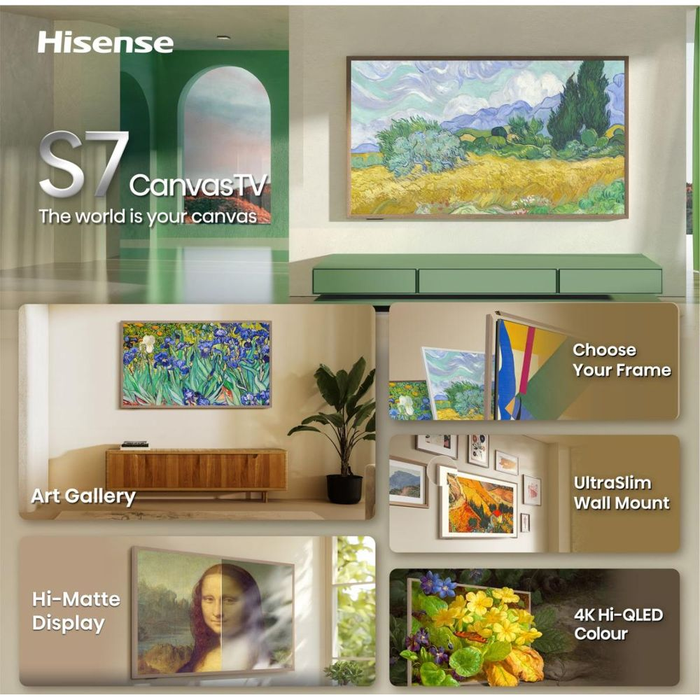 Pub Hisense S7 CanvasTV montrant galerie d'art, options de cadre, support mural et couleur QLED.