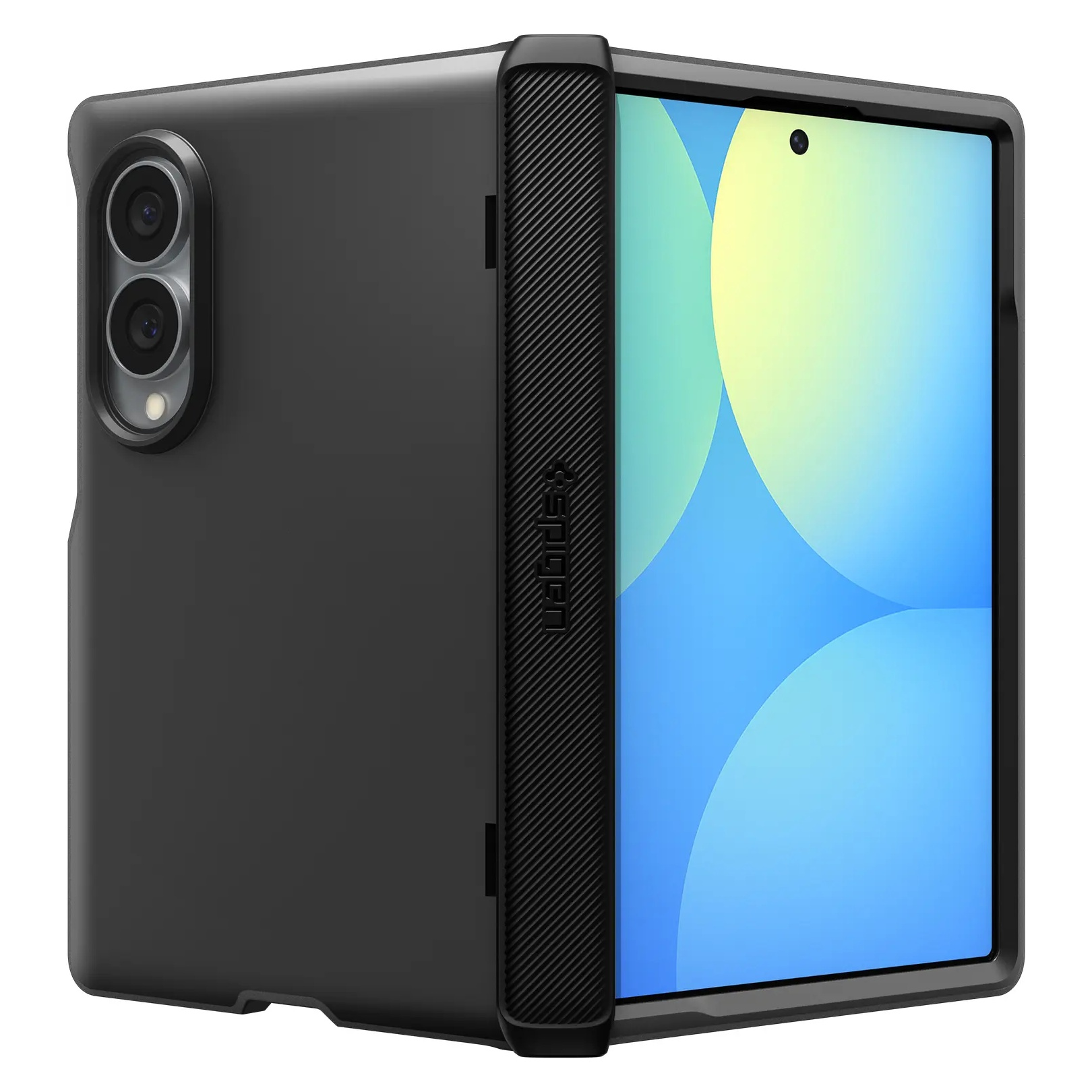 Un téléphone pliable noir dans une coque robuste, affichant des bulles bleues et jaunes à l'écran.