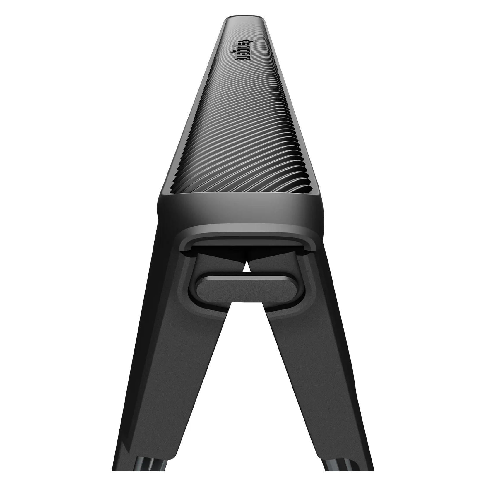 Support pour ordinateur portable noir vu de face, plateau strié et pieds repliés sur fond blanc.