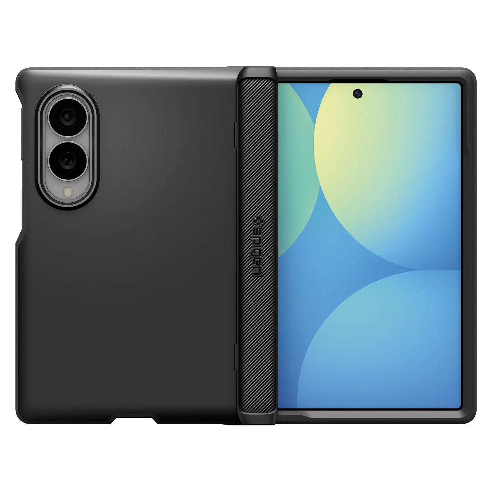 Un smartphone pliable noir dans un étui de protection, avec double caméra arrière et écran lumineux.