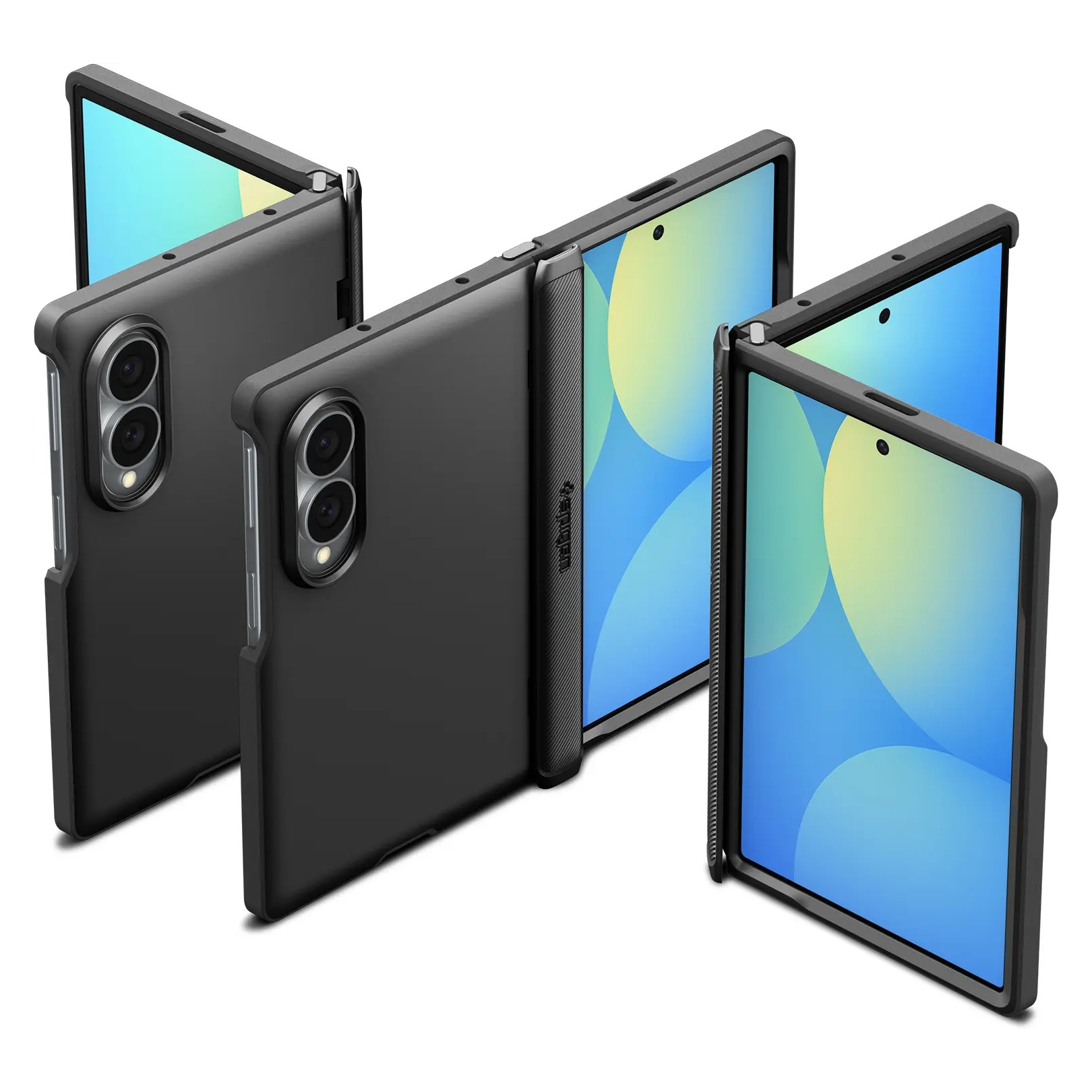Trois smartphones pliables noirs avec étuis de protection sur fond blanc.
