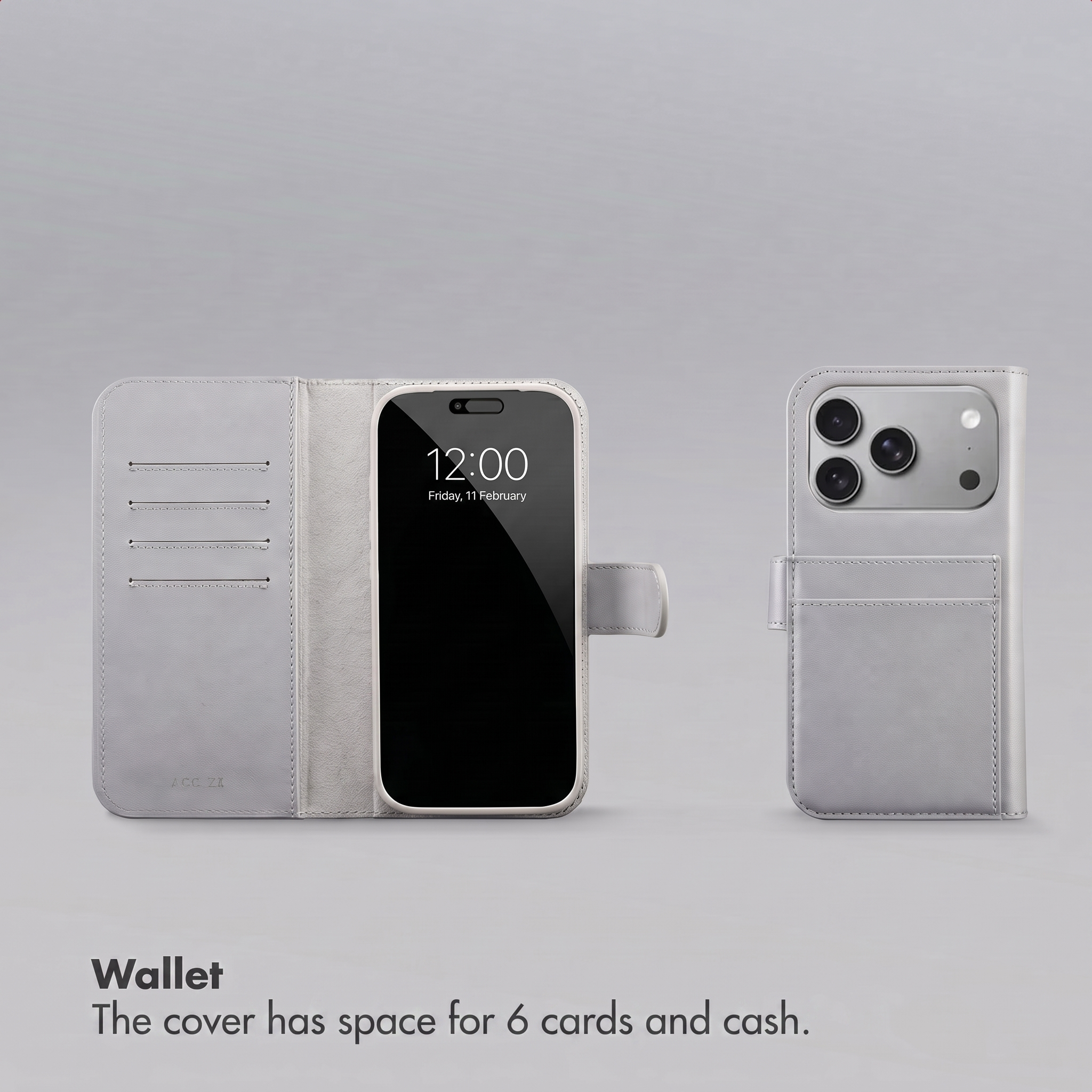 Funda cartera de cuero gris para móvil con ranuras para tarjetas.