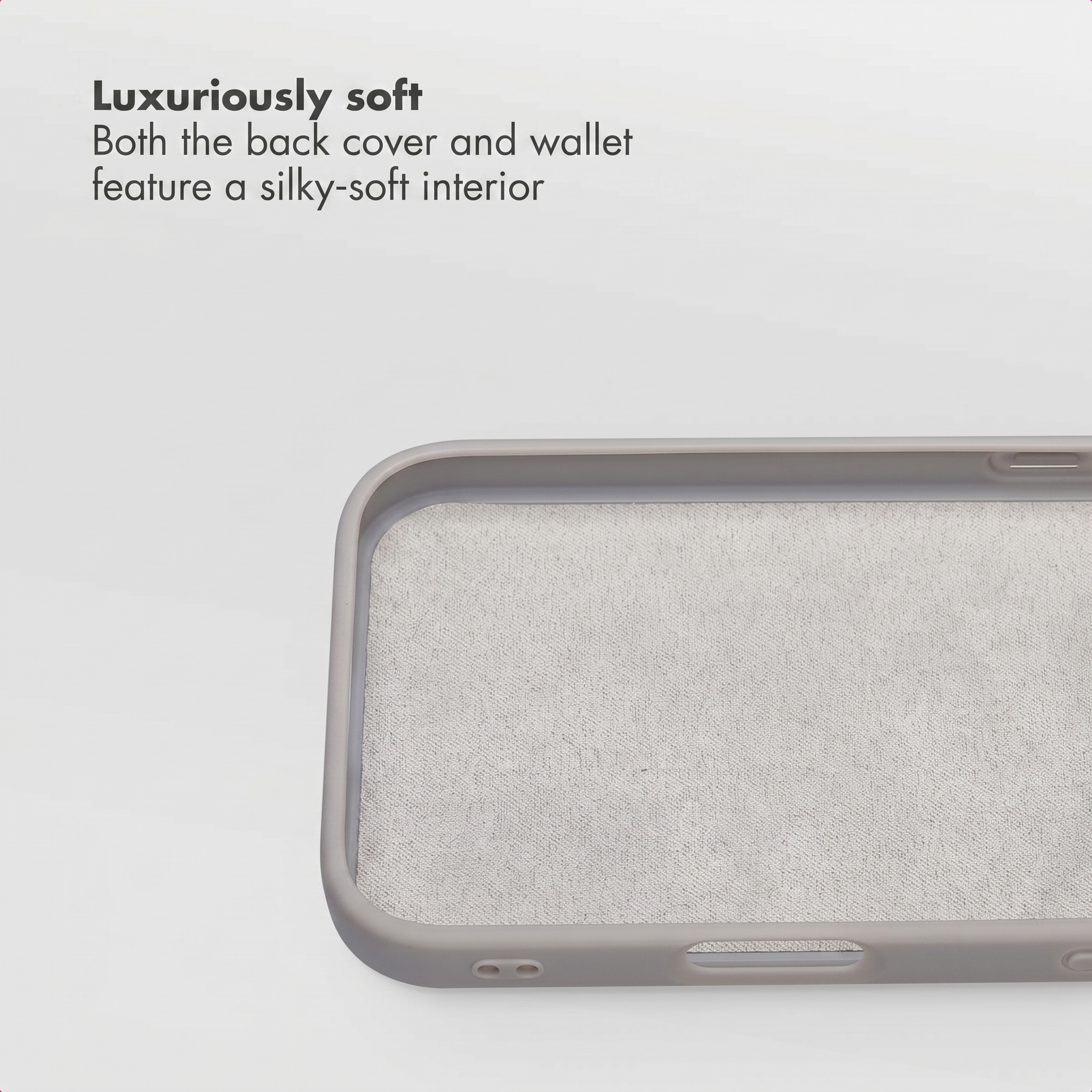 Primer plano de una funda de teléfono gris con forro de tela suave. El texto superior describe su interior.