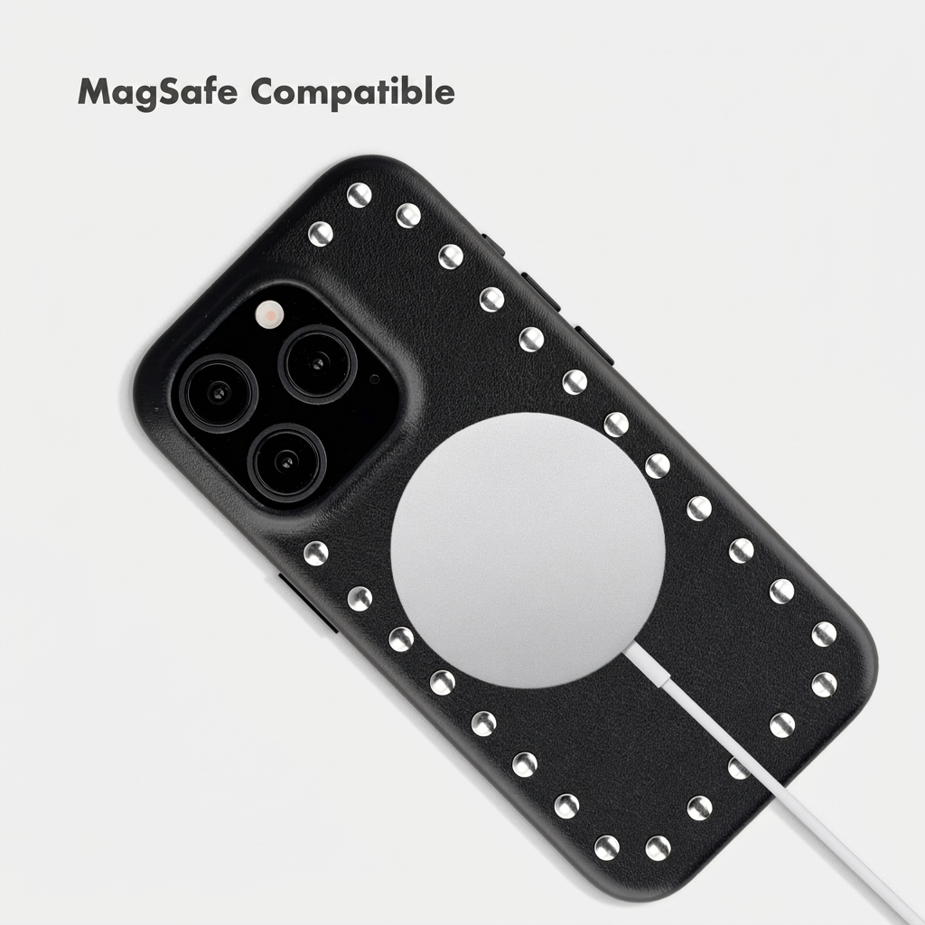 Coque de téléphone noire avec des clous argentés et un chargeur MagSafe rond sur fond blanc.