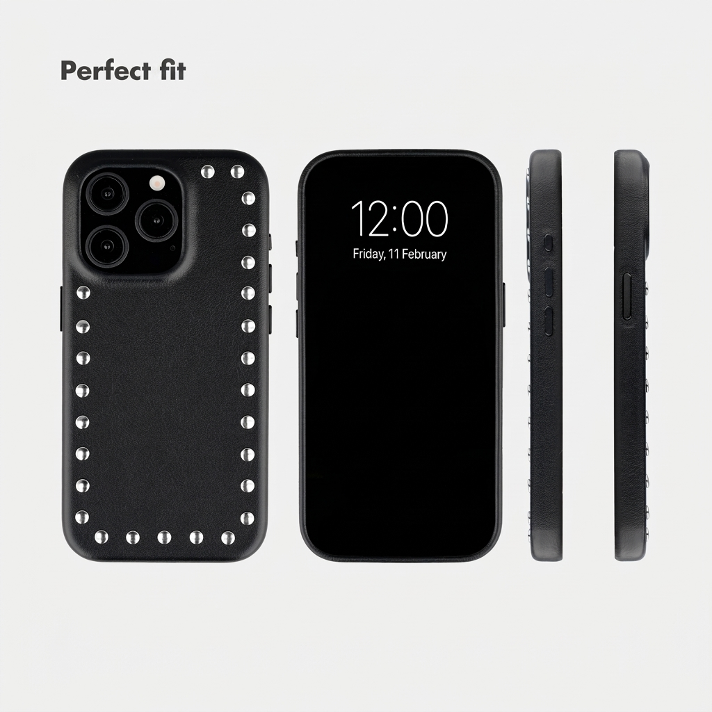 Coque de smartphone noire avec des clous en métal argenté sur les bords, sous plusieurs angles.