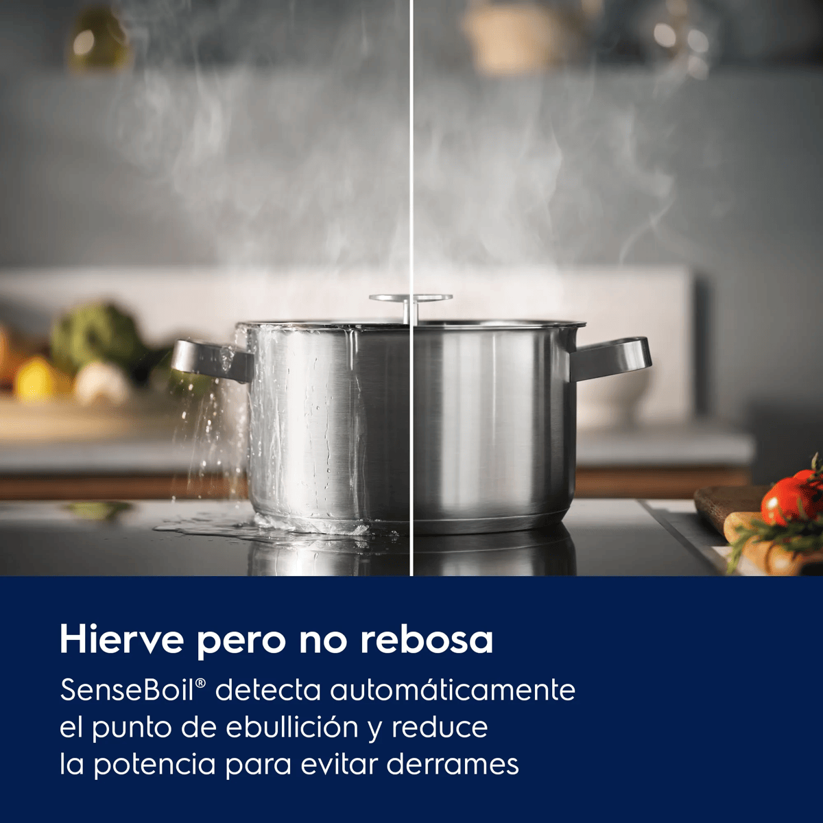 Comparación de una olla hirviendo que se desborda frente a otra controlada con vapor.