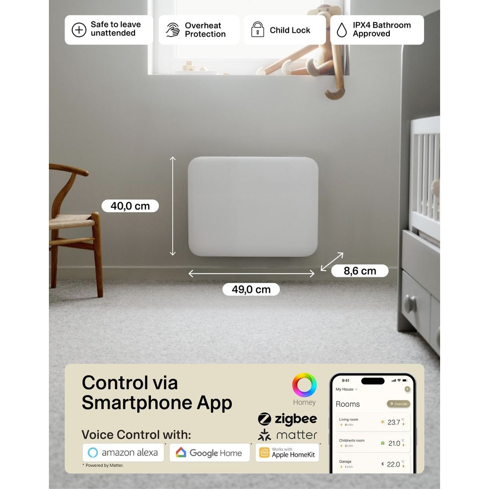 Termosifone a parete bianco in cameretta con dimensioni, controllo da app e icone di sicurezza.