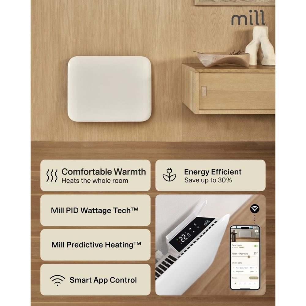 Una stufa Mill bianca su parete in legno con box informativi su comfort, efficienza, PID e controllo app.