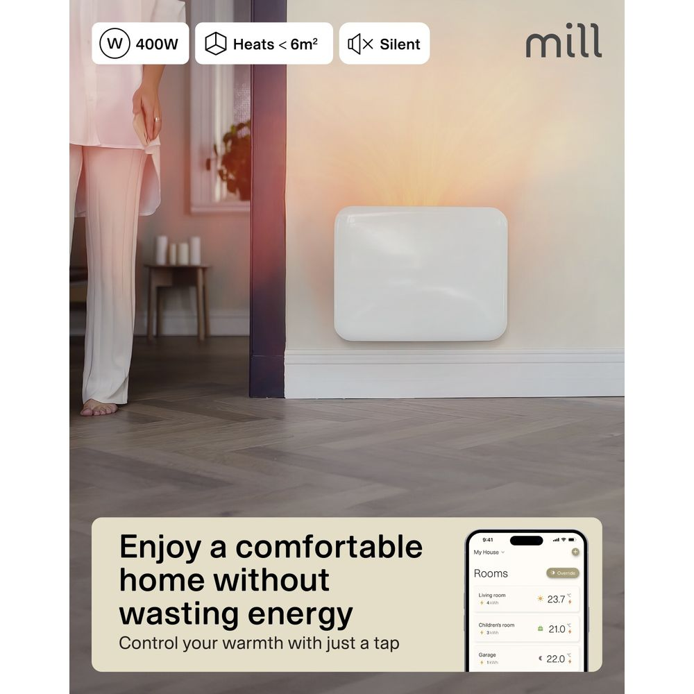 Un termosifone a parete Mill bianco controllato da app, con icone per potenza, area di riscaldamento e silenzio.
