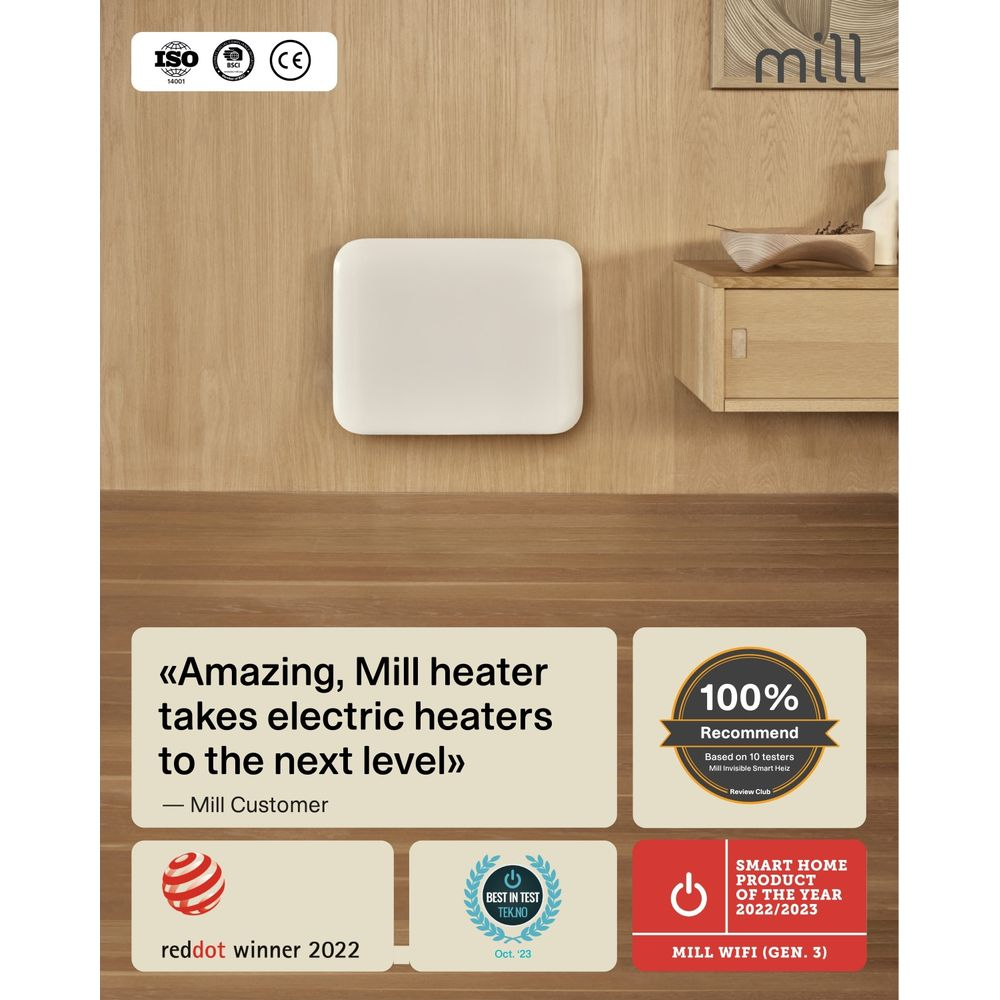 Una stufa Mill bianca su una parete di legno con premi e citazione.