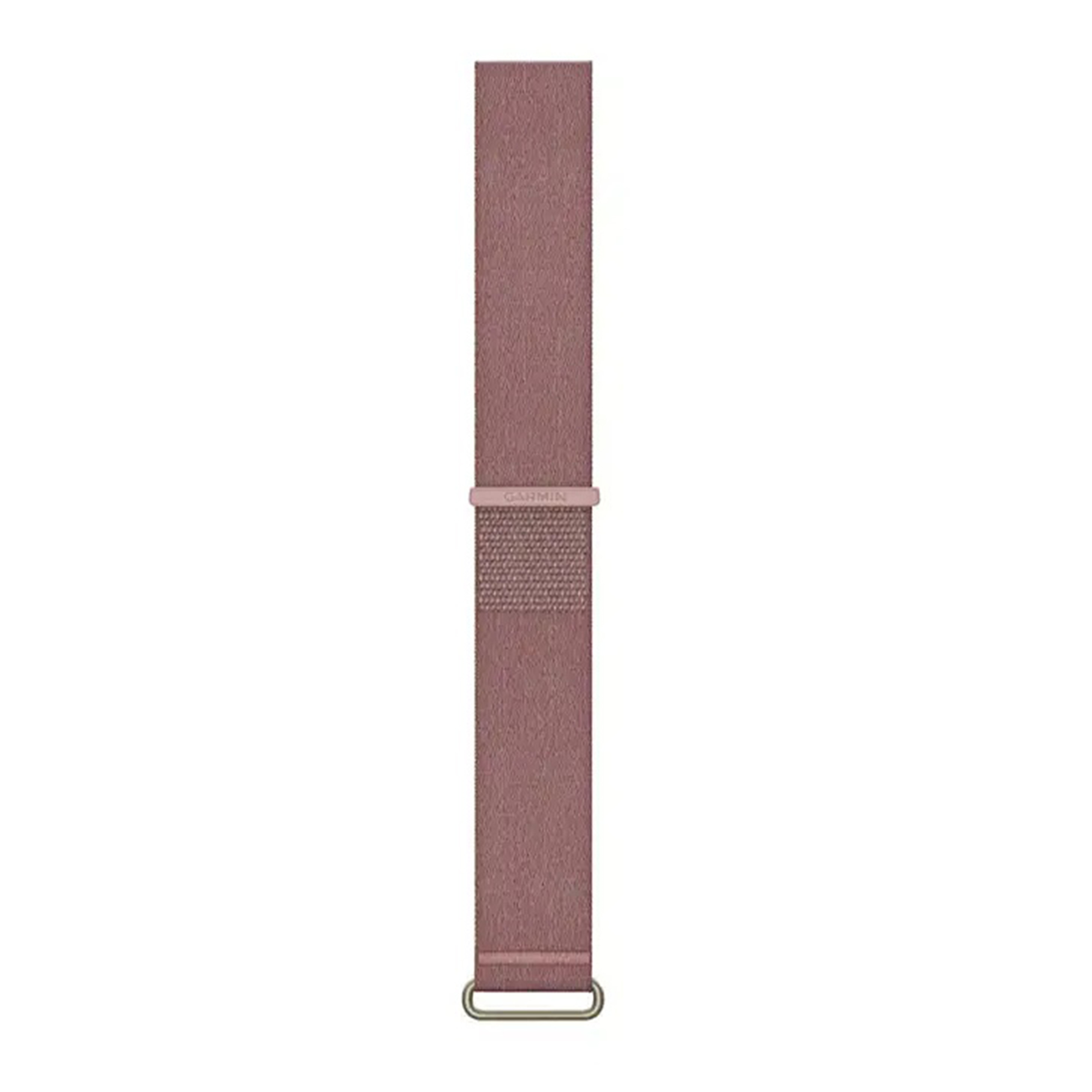 Un bracelet de montre en nylon mauve avec une boucle sur fond blanc.