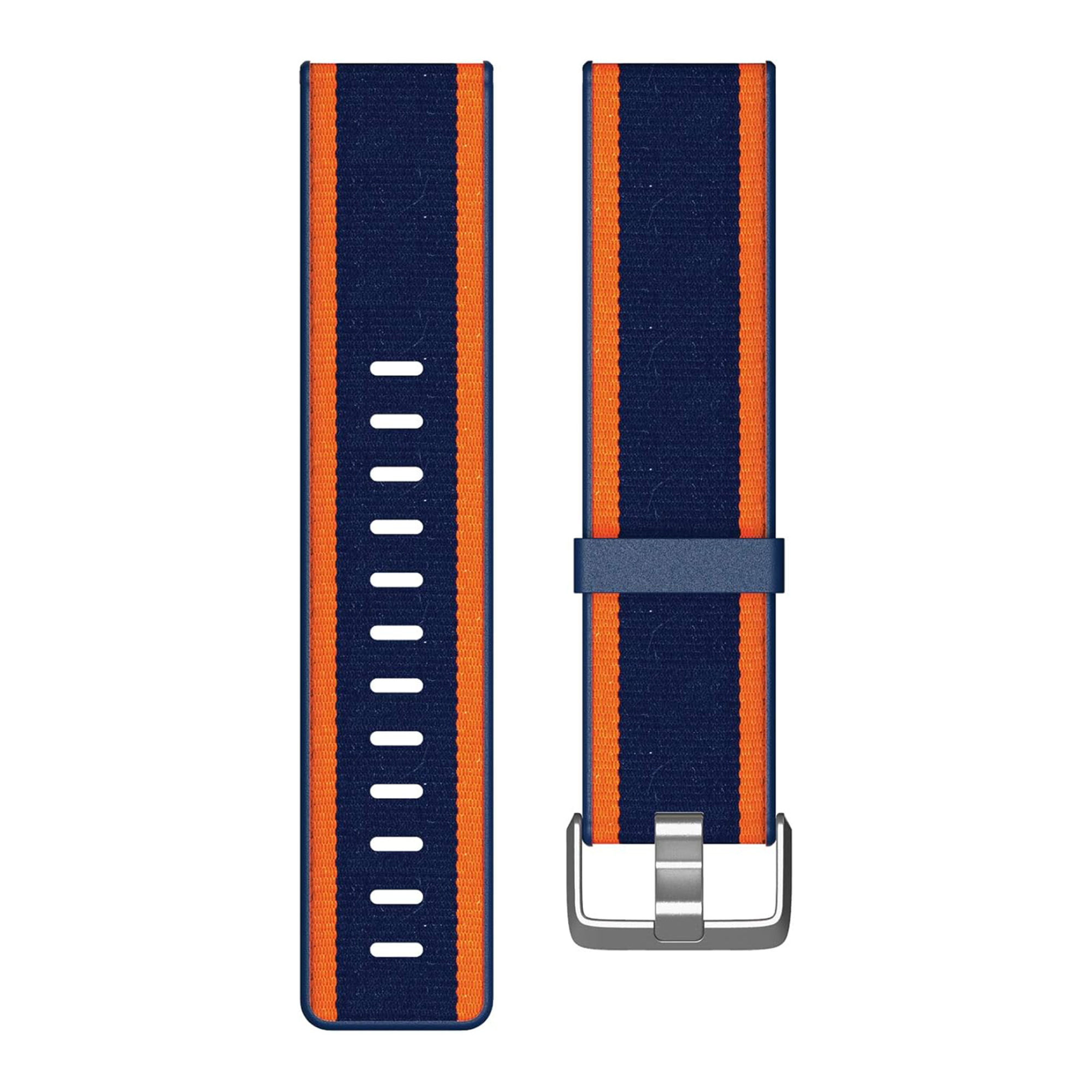 Een blauw-oranje gestreepte nylon horlogeband met zilveren gesp op een witte achtergrond.