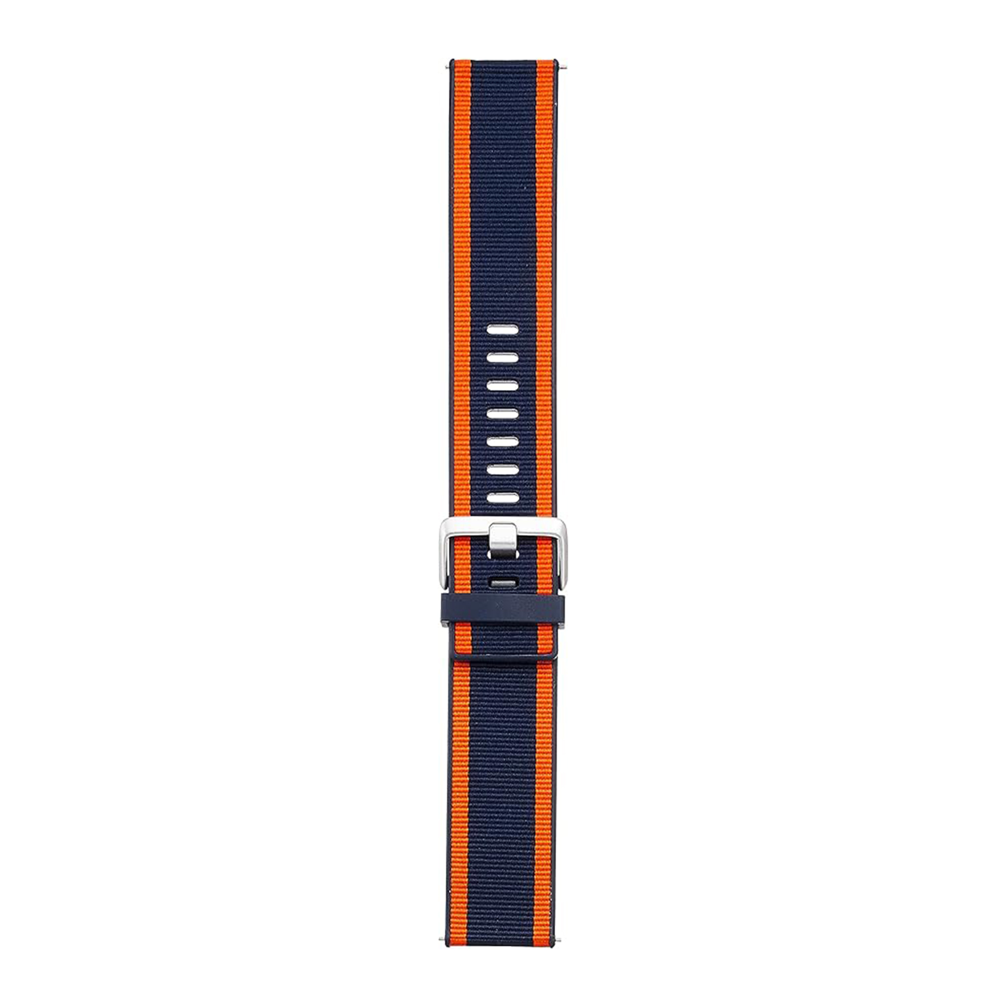 Een blauwe en oranje nylon horlogeband met een zilveren gesp en verstelbare gaten.