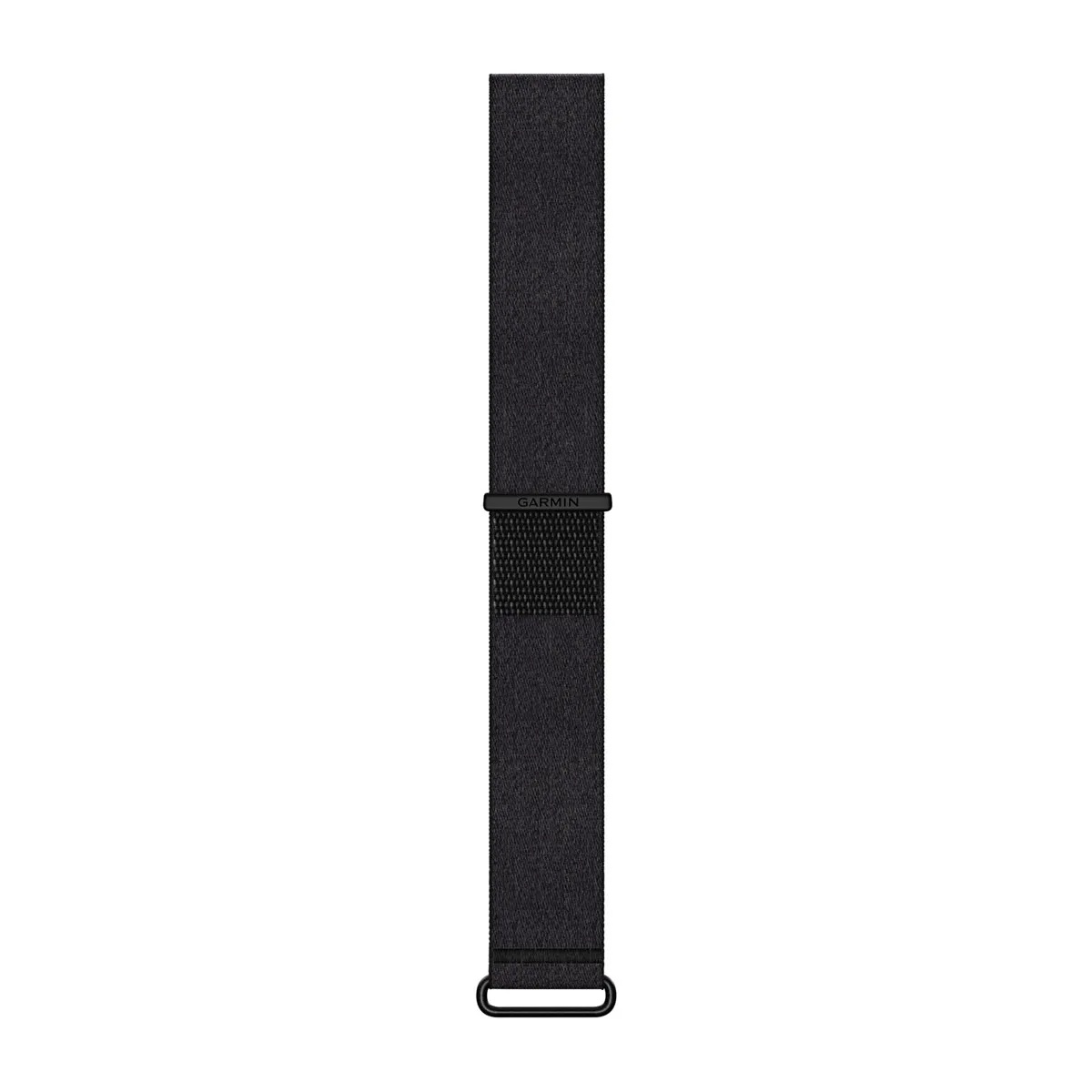Un bracelet de montre en nylon noir Garmin avec une boucle métallique sur fond blanc.