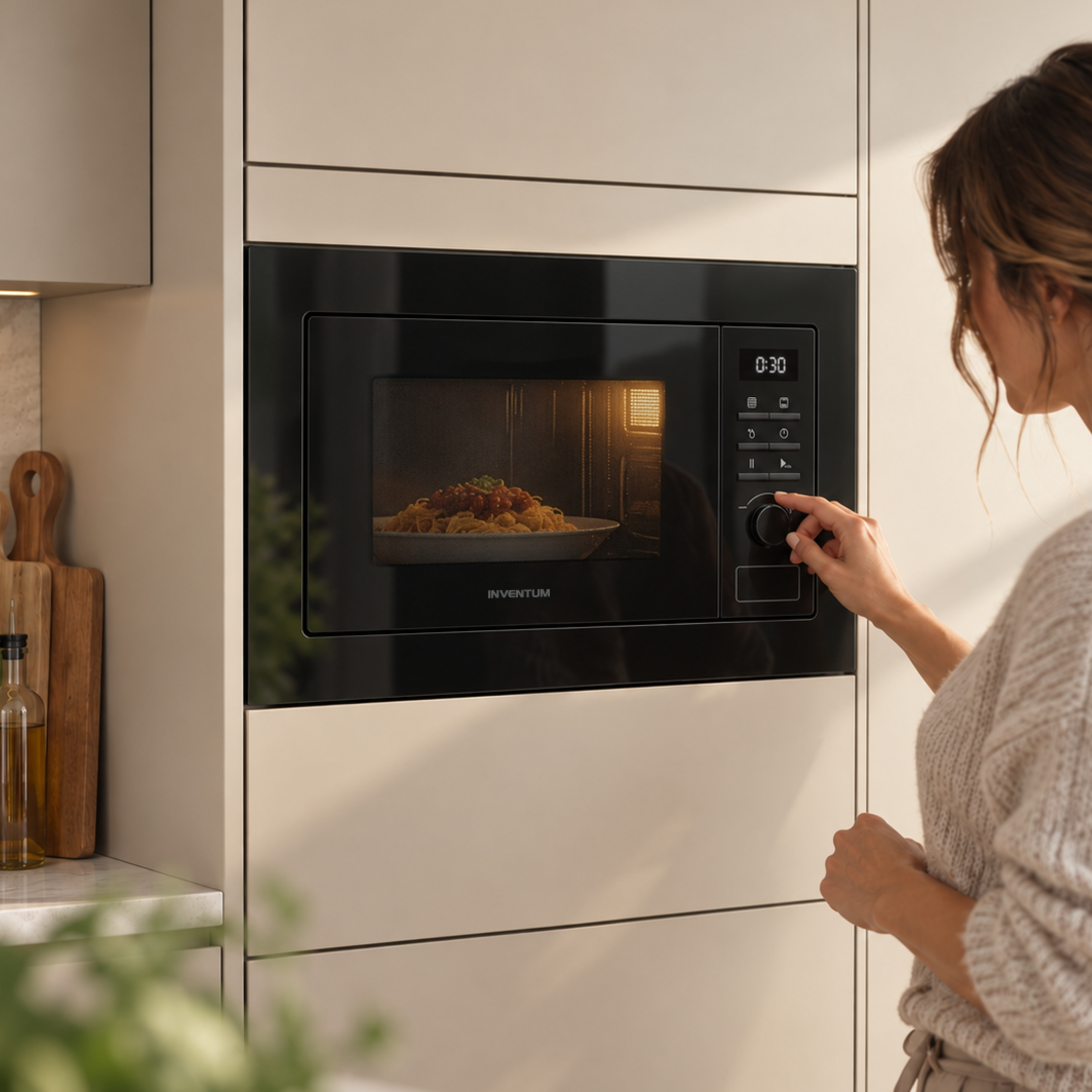 Une femme règle un micro-ondes encastrable noir contenant un bol de pâtes, dans une cuisine moderne.
