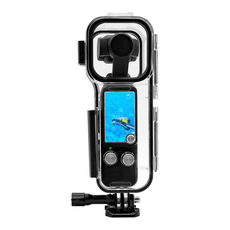 Custodia impermeabile per fotocamera in plastica trasparente con bordo nero e supporto inferiore.