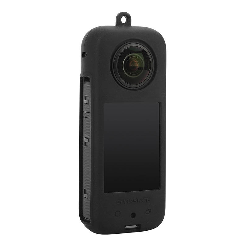 Custodia protettiva in silicone nero per action camera con obiettivo e schermo.
