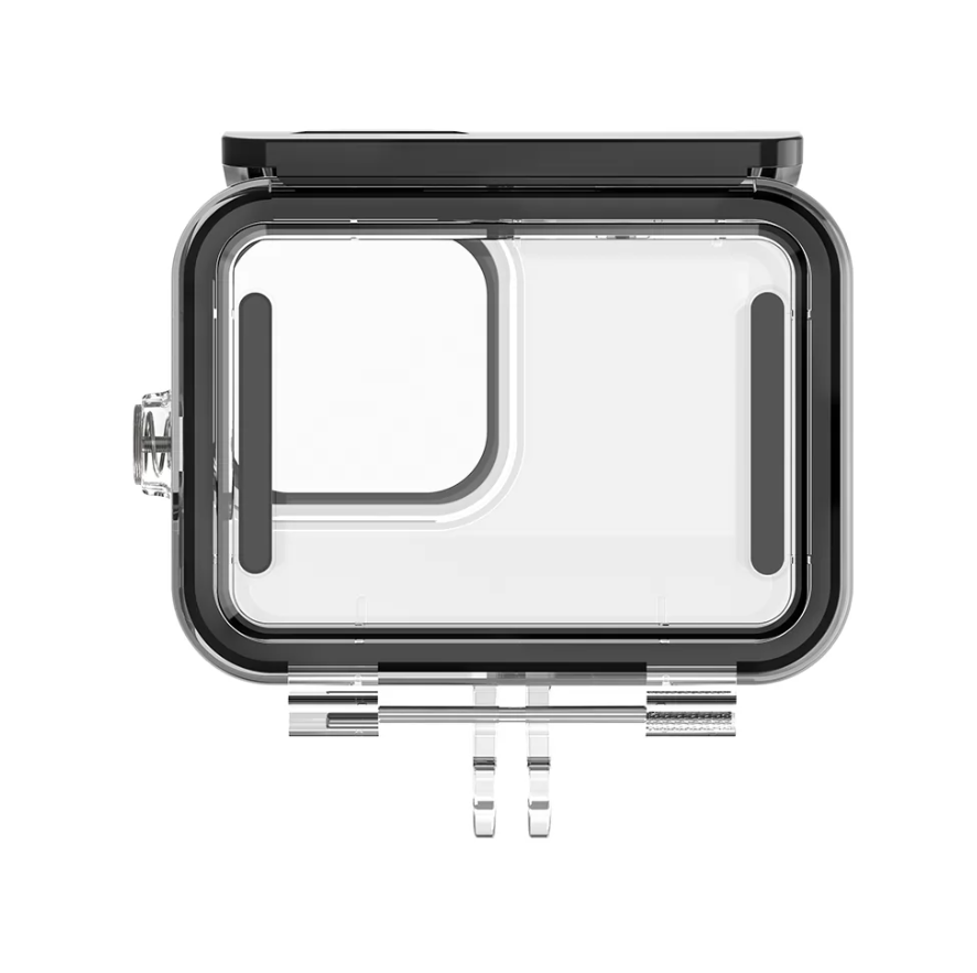 Custodia impermeabile per fotocamera in acrilico trasparente con cornice nera e chiusure metalliche su sfondo bianco.