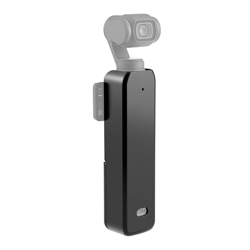 Un'estensione per impugnatura nera con fotocamera gimbal su sfondo bianco.