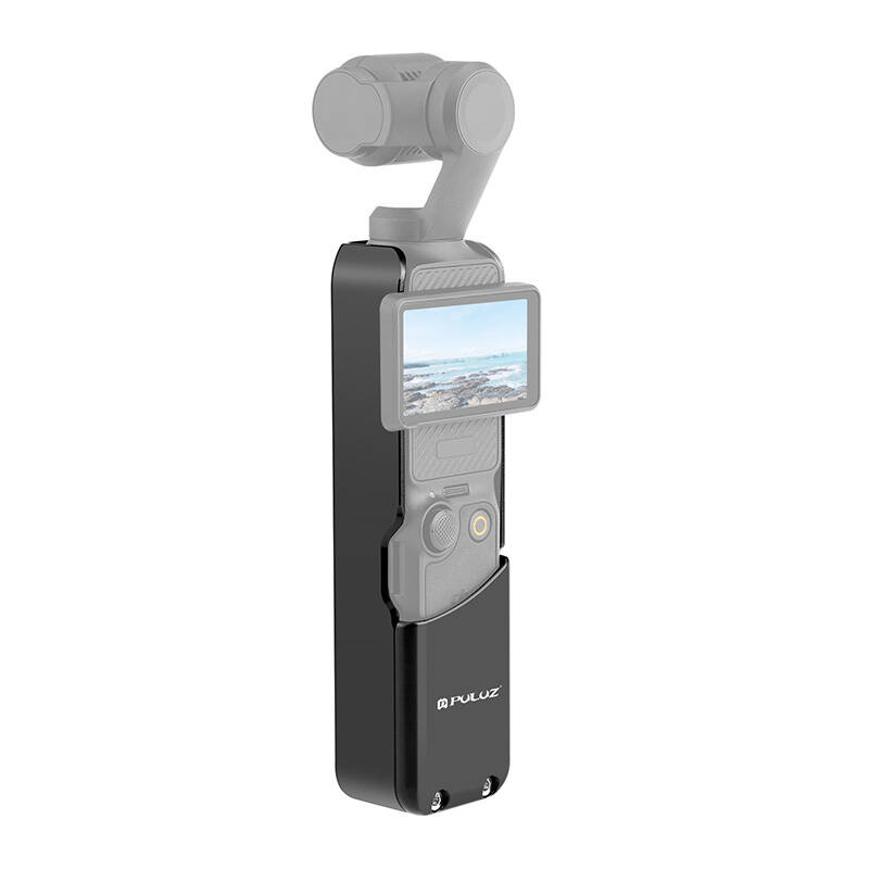 Custodia di montaggio per action cam nera con fotocamera cardanica su sfondo bianco.
