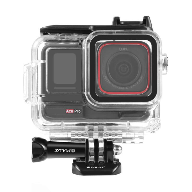 Custodia impermeabile per fotocamera Ace Pro con supporto nero su sfondo bianco.