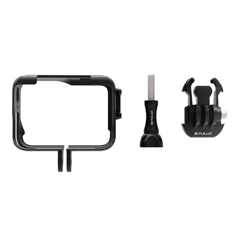 Una cornice per fotocamera nera, una vite e un supporto su sfondo bianco.