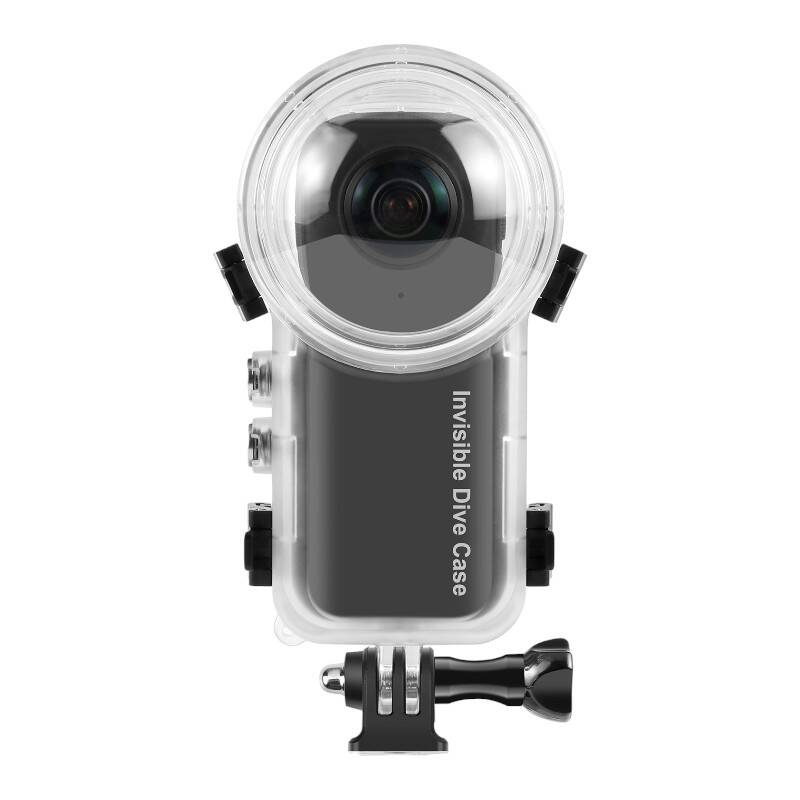 Custodia subacquea trasparente per fotocamera, con corpo nero e supporto attaccato.