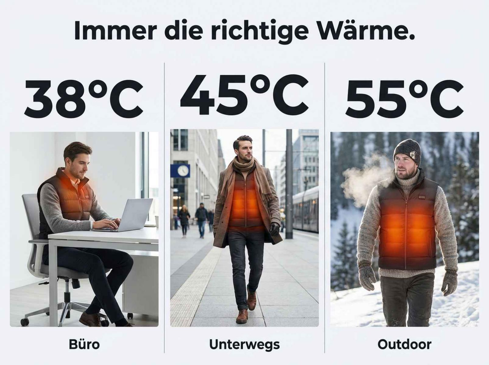 Drei Bilder zeigen erhitzte Westen bei 38°C im Büro, 45°C unterwegs und 55°C im Schnee.