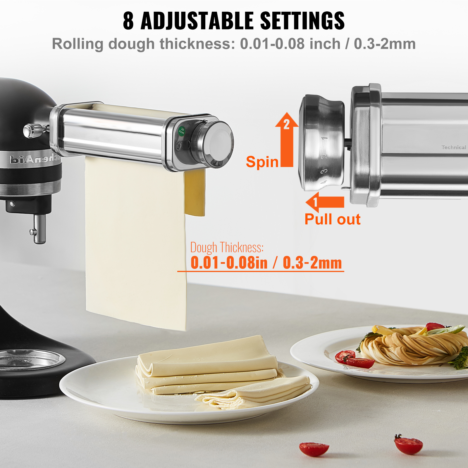 Un accesorio para hacer pasta en una batidora extiende masa, mostrando ajustes.