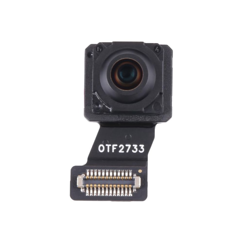 Primo piano di un modulo fotocamera frontale per smartphone con cavo a nastro, pin dorati e testo OTF2733 su fondo bianco.