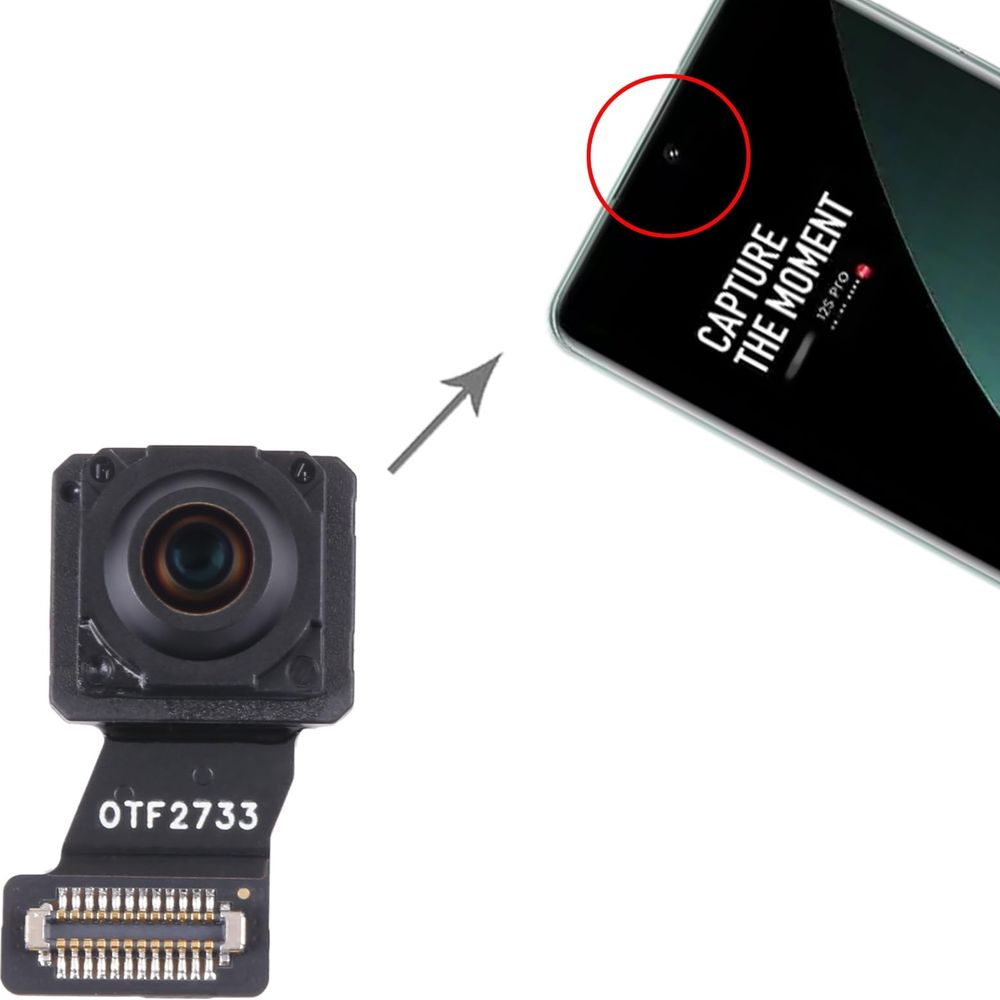 Modulo fotocamera frontale per smartphone con nastro connettore e freccia verso lo schermo.
