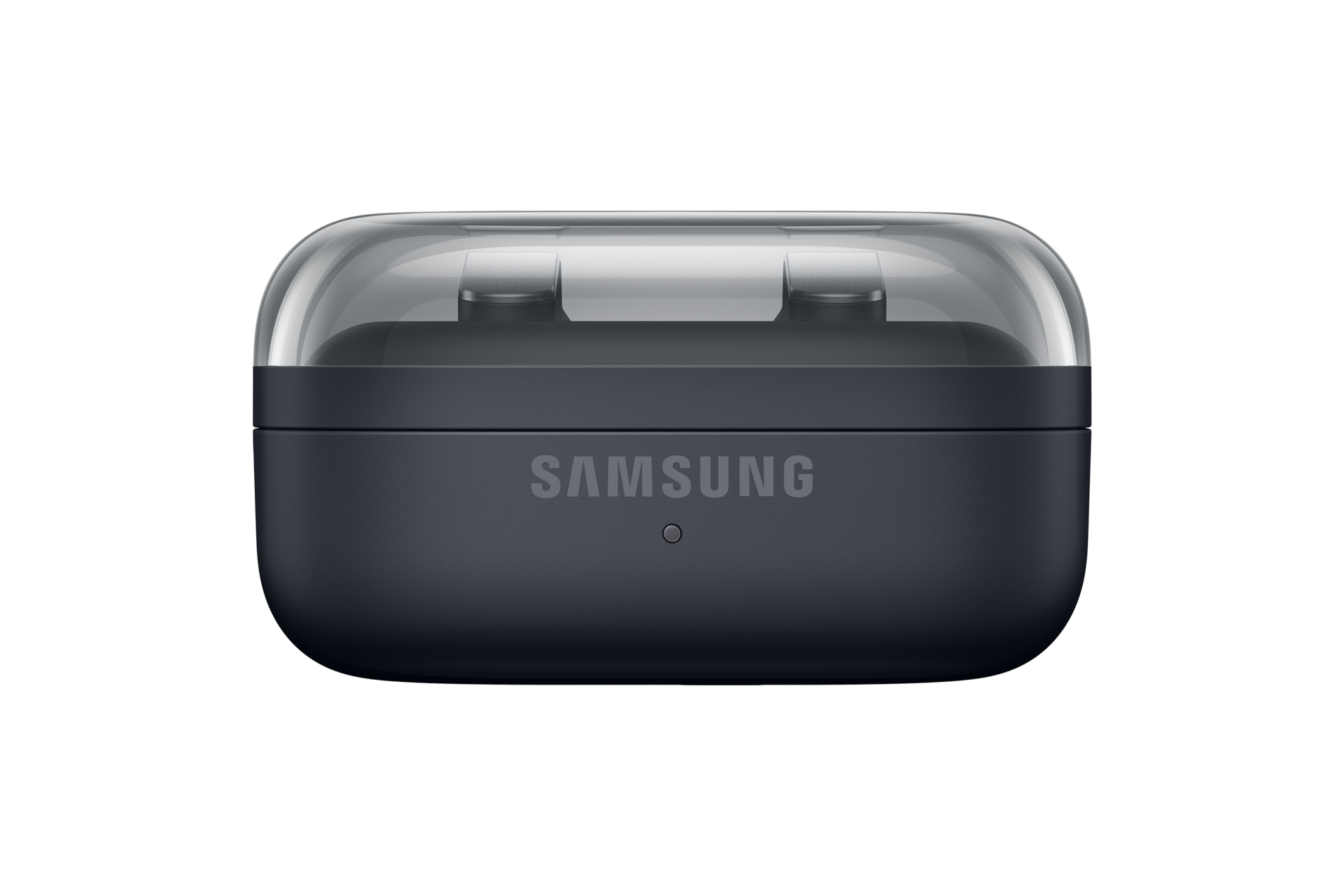 Ein schwarzes Samsung-Ladecase für kabellose Ohrhörer mit transparentem Deckel vor schwarzem Hintergrund.