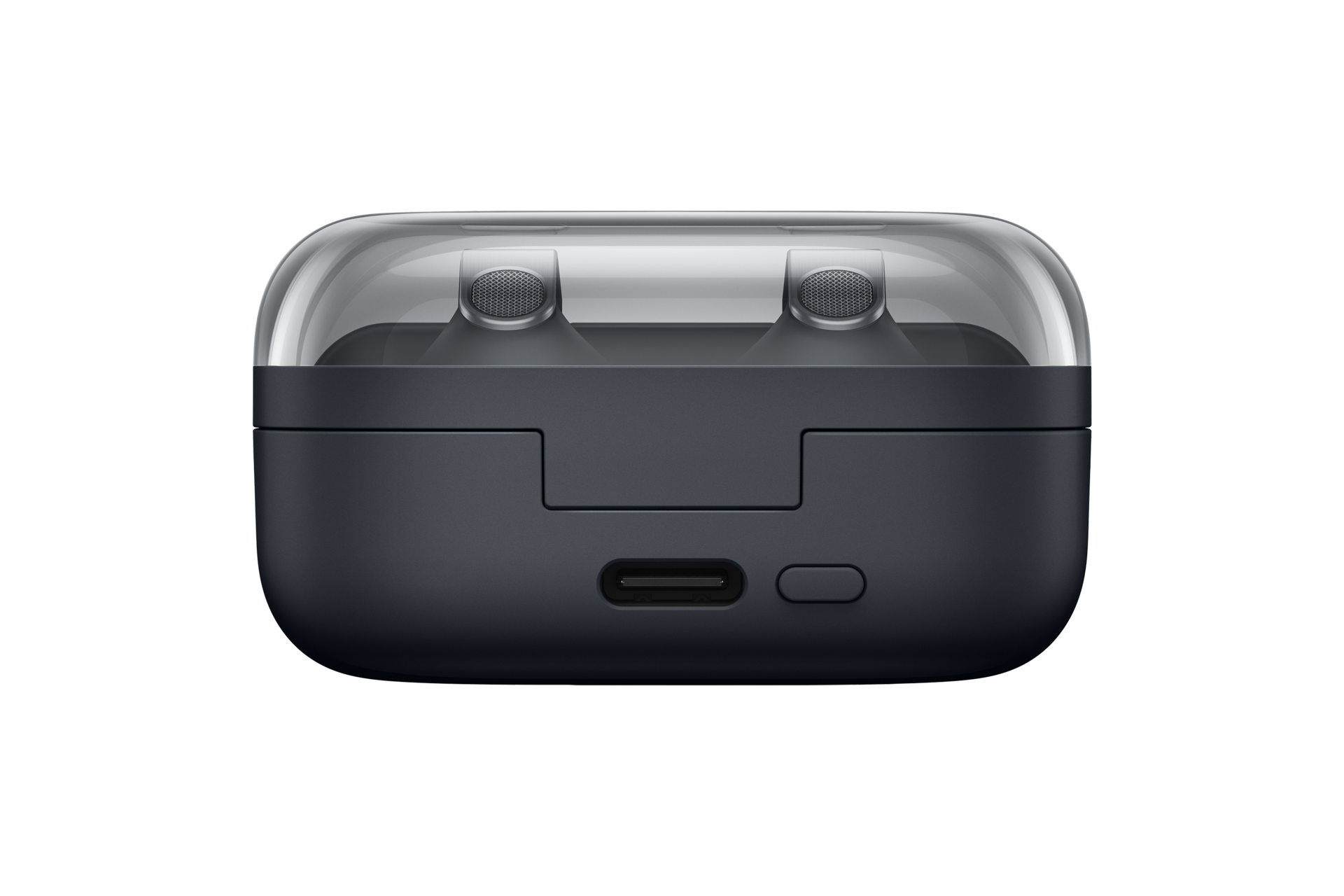 Schwarzes Ladecase für Ohrhörer mit transparentem Deckel und USB-C-Anschluss auf schwarzem Hintergrund.