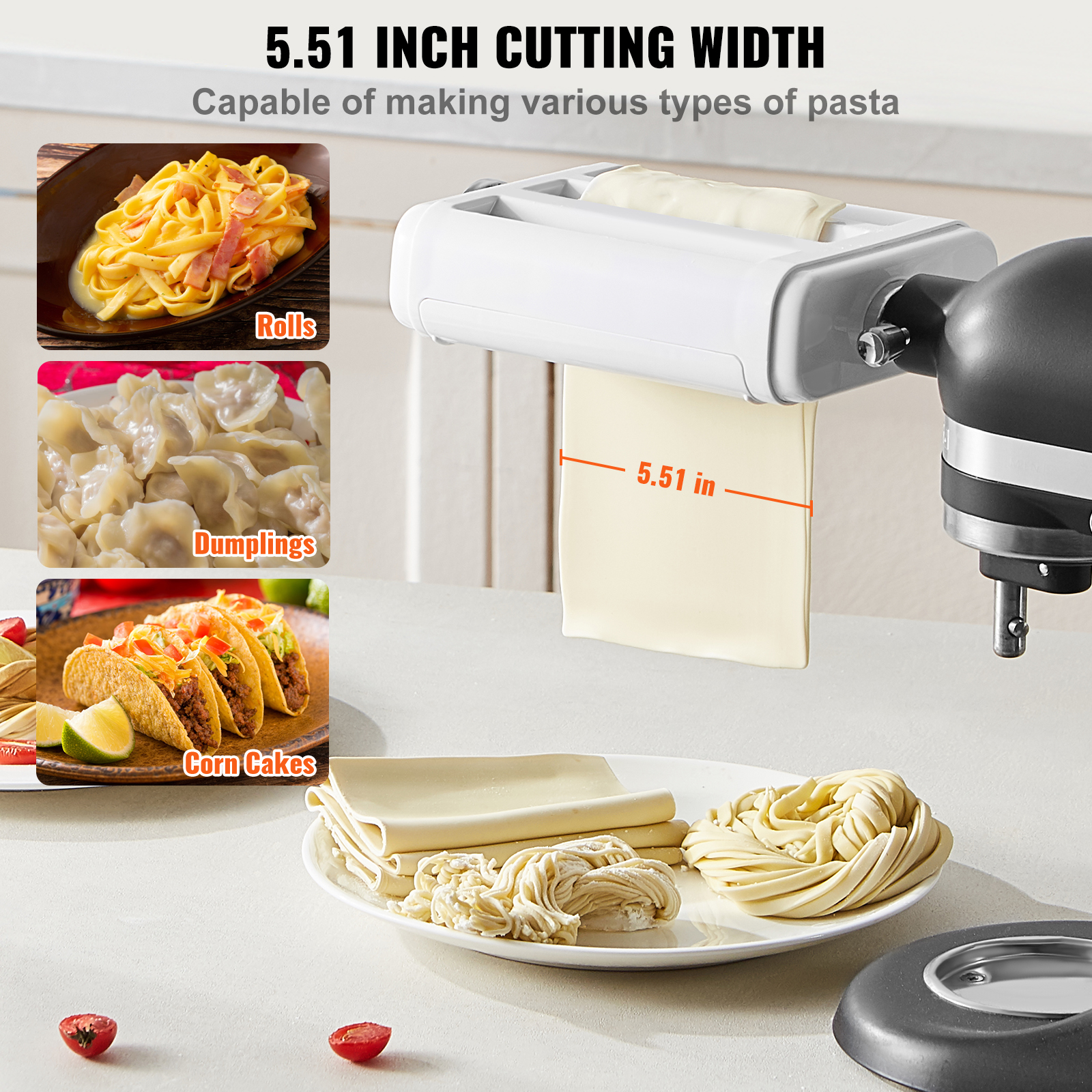 Accesorio para hacer pasta blanca en una batidora, con láminas de pasta, fideos y fotos de platos preparados.