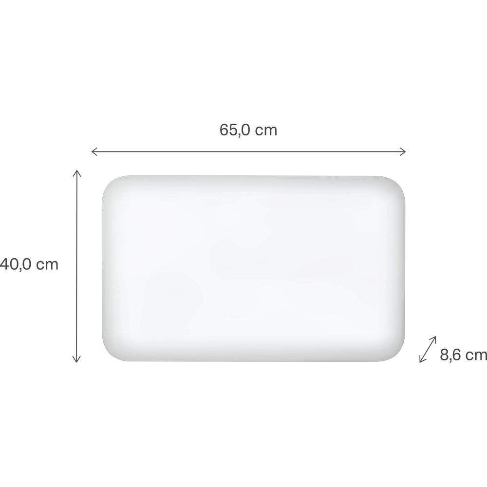 Disegno tecnico di un cuscino rettangolare con angoli arrotondati e dimensioni di 65,0 cm x 40,0 cm x 8,6 cm.