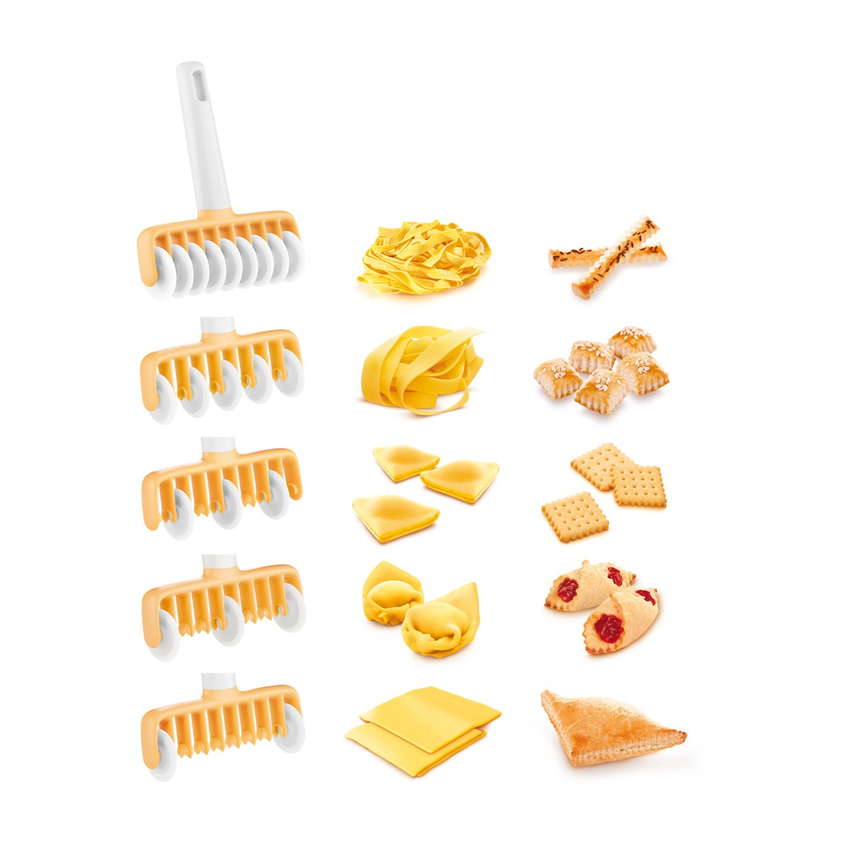 Vari tagliapasta con corrispondenti formati di pasta e dolci su sfondo bianco.