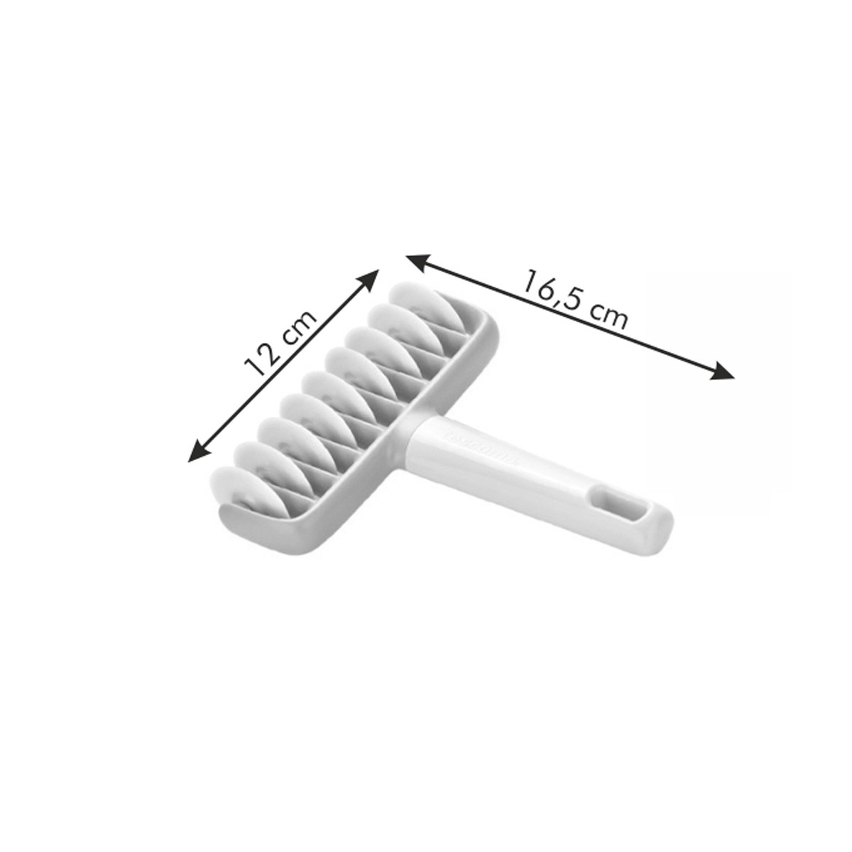 Un tagliapasta a griglia bianco con dimensioni di 12 cm e 16,5 cm su sfondo bianco.