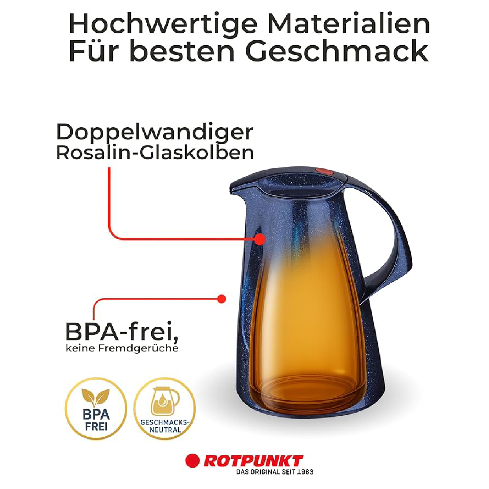 Eine blaue Thermoskanne mit doppelwandigem Glaskolben, BPA-frei und geschmacksneutral, auf weißem Hintergrund.