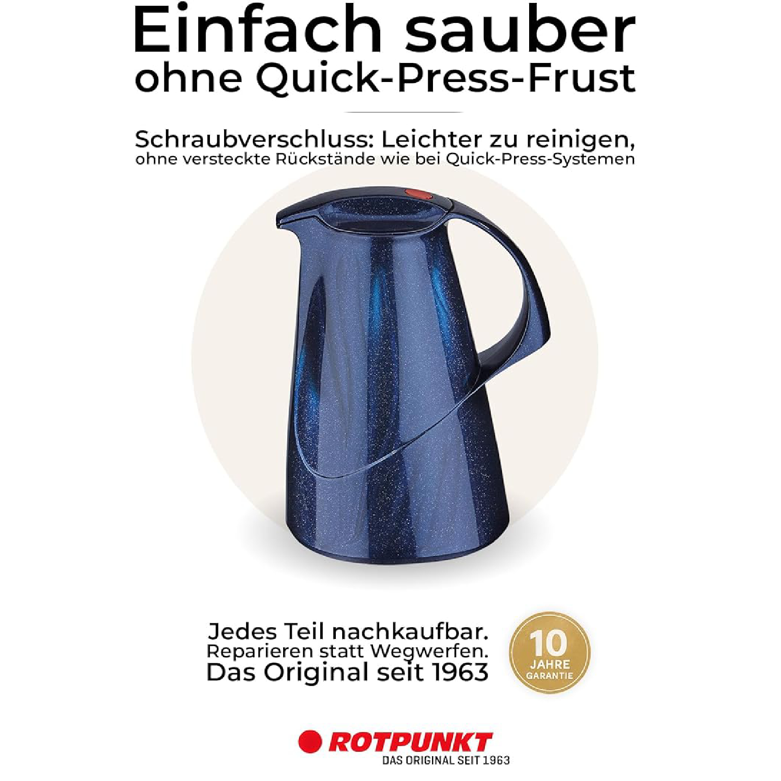 Blaue Rotpunkt Thermoskanne mit Schraubverschluss und deutscher Werbung.
