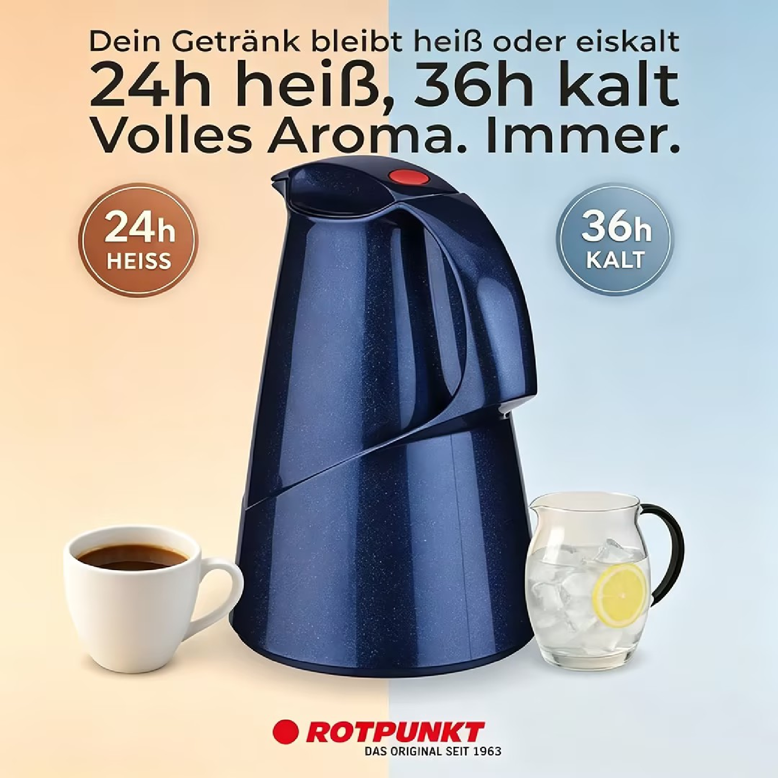 Blaue Thermoskanne mit Kaffeetasse und Karaffe mit Eiswasser, Text: 24h heiß, 36h kalt.