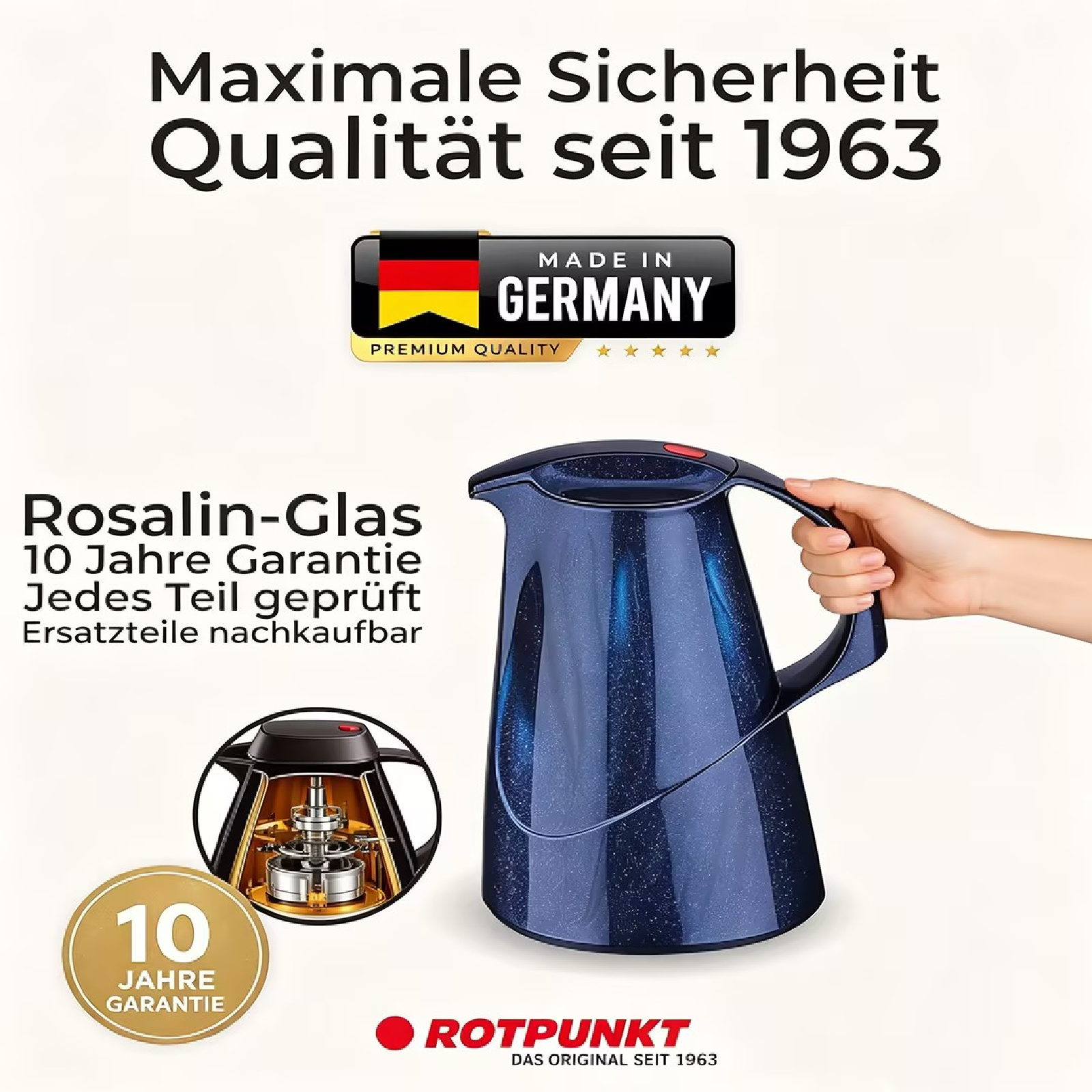Eine Hand hält eine blau gesprenkelte Isolierkanne, mit deutschem Text, 10 Jahre Garantie und Einblick ins Innenleben.